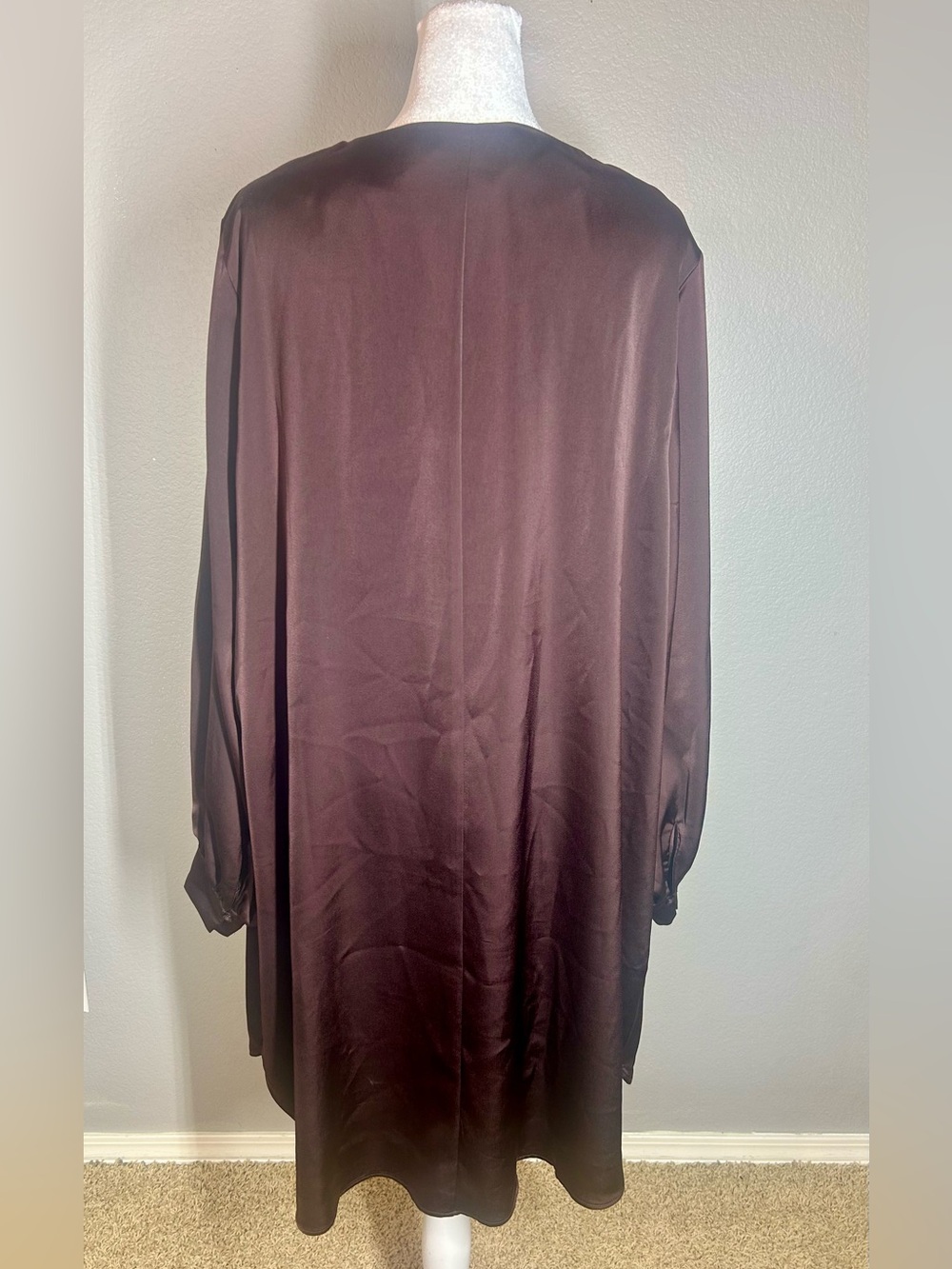 H&M Dark Chocolate Brown Satin Like Oversized Shirt Tunic Dress Blouson Sleeve L - Picture 5 of 13